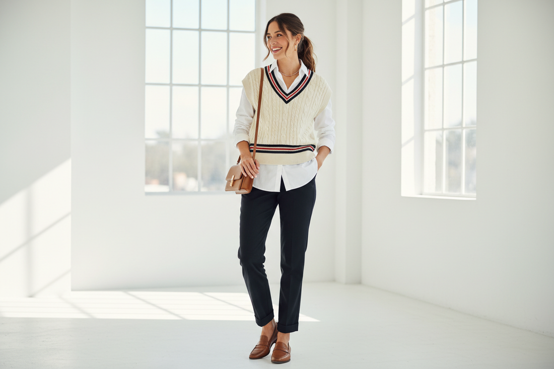 Stylish woman wearing a preppy sweater vest — Women's Sweater Vests collection at Ely Vessa, 2026 trends